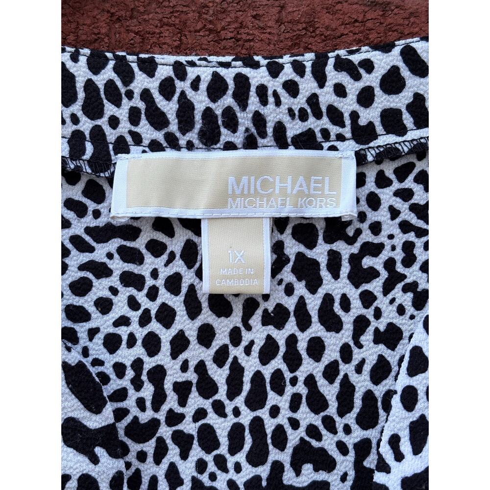 Michael Kors 1X Animal Print Blouse Plus Size Black White Tie Sleeve Top - Picture 7 of 9